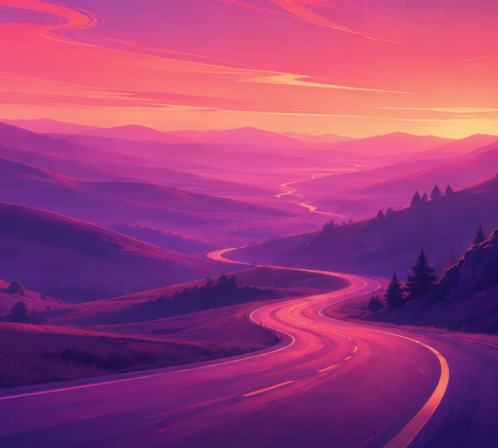 Omarchy Quattro startup background: a winding road through pink and purple mountains at sunset