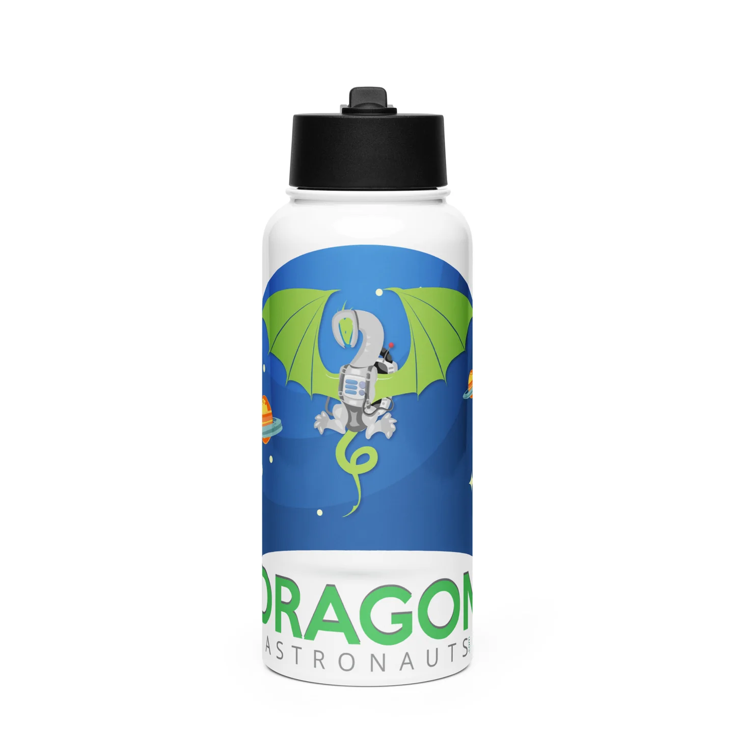 A stainless steel water bottle with the Dragon Astronauts logo