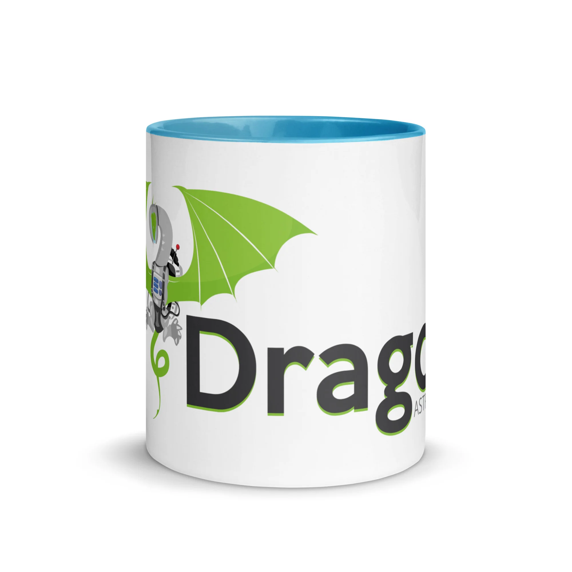 A white mug with the Dragon Astronauts logo