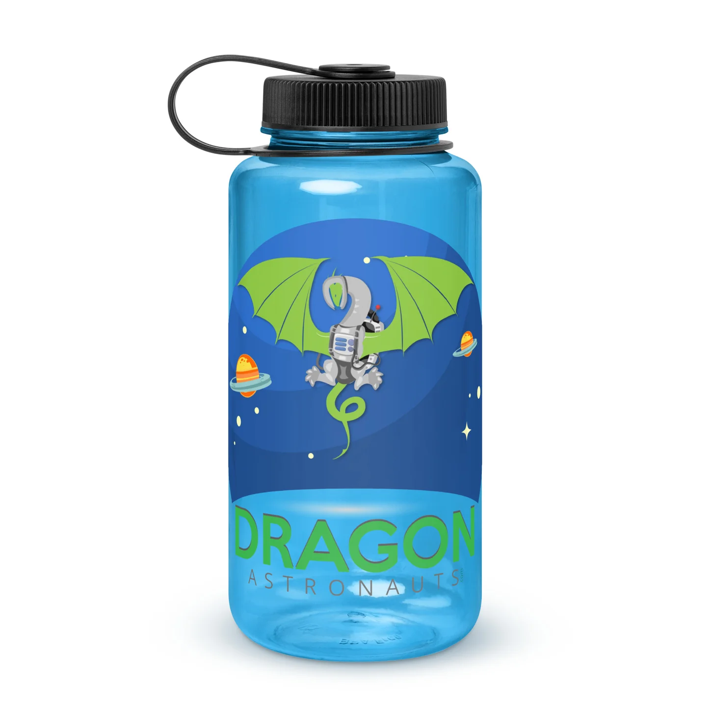 A wide mouth plastic water bottle with the Dragon Astronauts logo